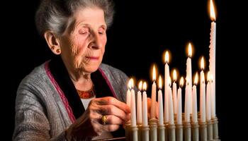 Sénior femme en portant illuminé bougie, prier pour bonheur et l'amour généré par ai photo