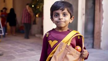 souriant garçons en portant cadeau Sacs, célébrer Indien tradition et culture généré par ai photo