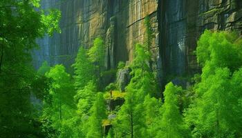 vert forêt paysage avec Montagne falaise et l'eau ravin beauté généré par ai photo