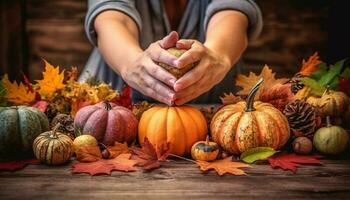 rustique en bois table avec citrouille gourdes, feuilles, et souriant humains généré par ai photo