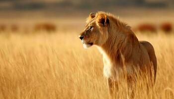lionne en marchant dans le savane, majestueux beauté dans la nature généré par ai photo