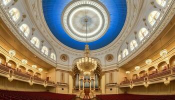 majestueux cathédrale autel illuminé par bleu plafond, symbolisant spiritualité généré par ai photo