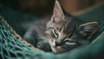 mignonne chaton en train de dormir sur une oreiller, douceur et relaxation généré par ai photo