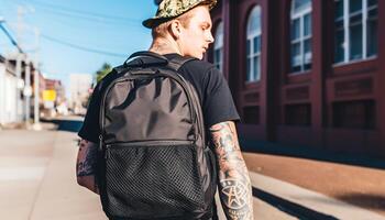 un homme en marchant par ville avec sac à dos, à la recherche à architecture généré par ai photo