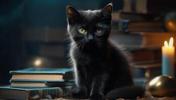 duveteux chaton séance sur tableau, regarder à livre avec curiosité généré par ai photo