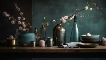 rustique poterie vase détient Frais fleur bouquet sur en bois table généré par ai photo