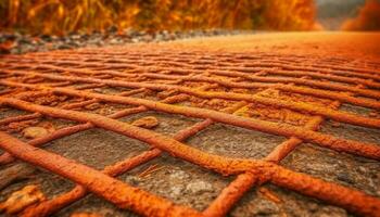 rouillé métal objet sur vieux sentier dans tranquille l'automne paysage généré par ai photo