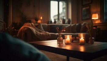 romance brûlant dans confortable vivant chambre, aux chandelles illumine élégant décor généré par ai photo