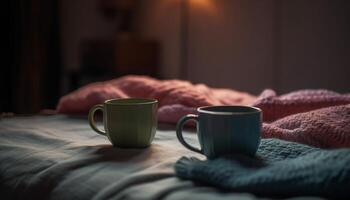 confortable chambre avec chaud café, la laine couverture, et relaxant livre généré par ai photo