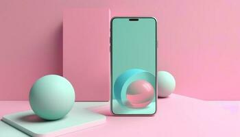 moderne La technologie conception rose intelligent téléphone sur abstrait bleu toile de fond généré par ai photo
