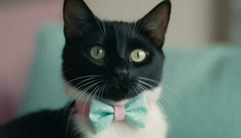 mignonne national chat avec bleu arc attacher regarder à caméra généré par ai photo