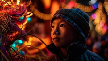 les enfants joie illuminé par multi coloré Noël lumières en plein air à nuit généré par ai photo