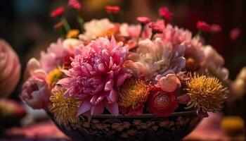 une coloré bouquet de Frais fleurs dans un fleuri vase généré par ai photo