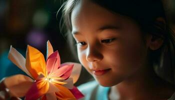 une de bonne humeur fille en portant une petit fleur, profiter enfance en plein air généré par ai photo
