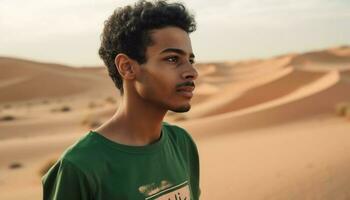 un homme, africain ethnie, permanent sur le sable dune, souriant en toute confiance généré par ai photo