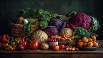 Frais l'automne récolte une rustique panier de en bonne santé biologique des légumes généré par ai photo