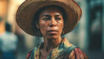 une sur de soi Jeune femme, souriant, à la recherche à caméra, en plein air généré par ai photo