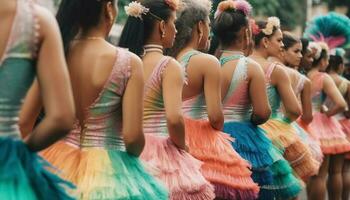 de bonne humeur femmes dans multi coloré traditionnel Vêtements Danse à culturel Festival généré par ai photo