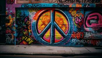 vibrant couleurs éclairer moderne ville rue avec graffiti et peintures murales généré par ai photo