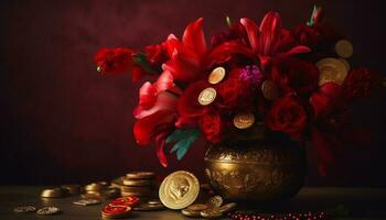 romantique l'amour fleurit dans une coloré bouquet sur en bois table généré par ai photo