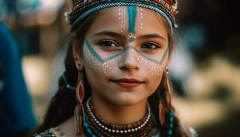 souriant Jeune adulte femme embrasse indigène culture avec traditionnel Vêtements généré par ai photo
