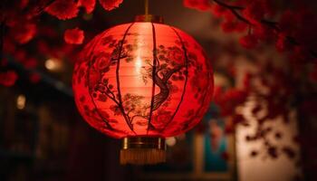 chinois lanterne embrasé dans le nuit, symbole de traditionnel Festival généré par ai photo