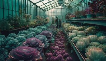 Frais biologique des légumes grandi dans serre pour en bonne santé en mangeant industrie généré par ai photo