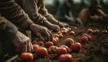 mature adultes et Les agriculteurs travail ensemble, cueillette Frais biologique des légumes généré par ai photo