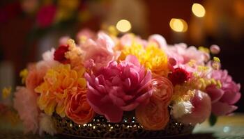 une vibrant bouquet de multi coloré fleurs dans une rose vase généré par ai photo