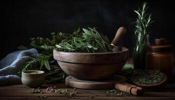 Frais biologique herbes et épices dans rustique en bois bol généré par ai photo