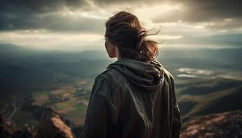 un Jeune femme permanent sur Montagne culminer, à la recherche à vue généré par ai photo