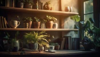 une rustique fleur pot sur une en bois étagère apporte fraîcheur à l'intérieur généré par ai photo