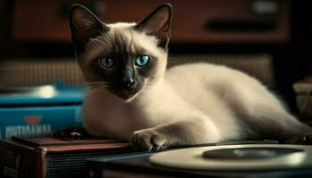 une charmant chaton avec bleu yeux regarder à le caméra généré par ai photo