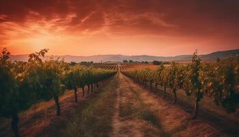 le coucher du soleil plus de le vignoble, une rural scène de vinification croissance généré par ai photo