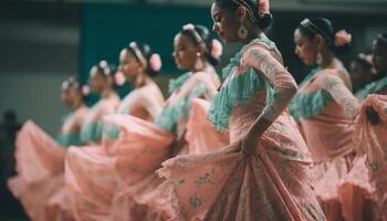 Jeune femmes dans traditionnel Vêtements dansant avec confiance et élégance généré par ai photo