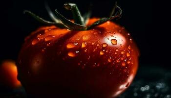 mûr tomate scintille avec rosée, une rafraîchissant été ingrédient génératif ai photo