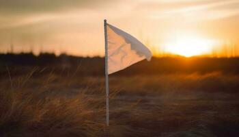 liberté symbolisé dans tranquille prairie, blé soufflant en dessous de le coucher du soleil ciel généré par ai photo