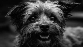 espiègle terrier chiot séance dans humide herbe, à la recherche à caméra génératif ai photo