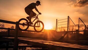 silhouette de une motard cyclisme à crépuscule, profiter la nature aventure génératif ai photo