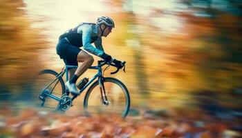 une déterminé Masculin athlète les courses par le forêt sur le sien vélo génératif ai photo