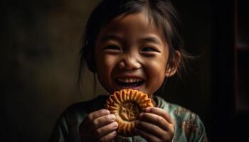 un mignonne fille en portant une biscuit, à la recherche à caméra joyeusement généré par ai photo