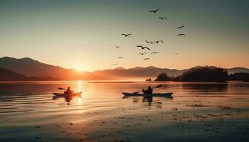 famille canoë à coucher de soleil, profiter tranquille la nature et unité généré par ai photo