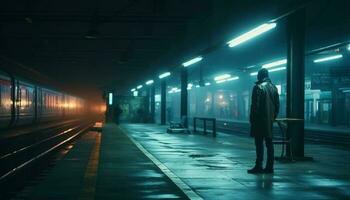 un la personne attendre sur métro plateforme, flou mouvement, ville la vie généré par ai photo