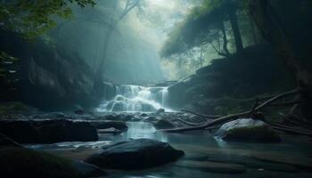 tranquille scène de écoulement l'eau dans majestueux tropical forêt tropicale aventure généré par ai photo