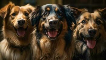 espiègle de race chiots asseoir dans une ligne, langues dehors, souriant généré par ai photo