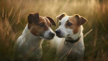 une espiègle beagle chiot séance dans une prairie, à la recherche de bonne humeur généré par ai photo