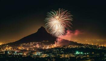 Quatrième de juillet fête s'enflamme ville horizon avec vibrant feux d'artifice généré par ai photo