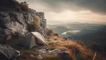 randonnée par le forêt, camping dans une tranquille Montagne intervalle généré par ai photo