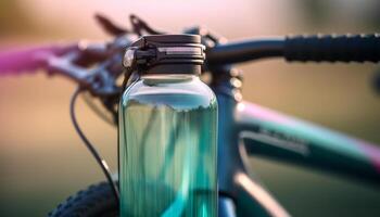 chrome parlé roue reflète la nature le coucher du soleil sur vieux façonné moto aventure généré par ai photo