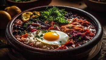 une fait maison porc le Chili assiette avec biologique coriandre et pain génératif ai photo